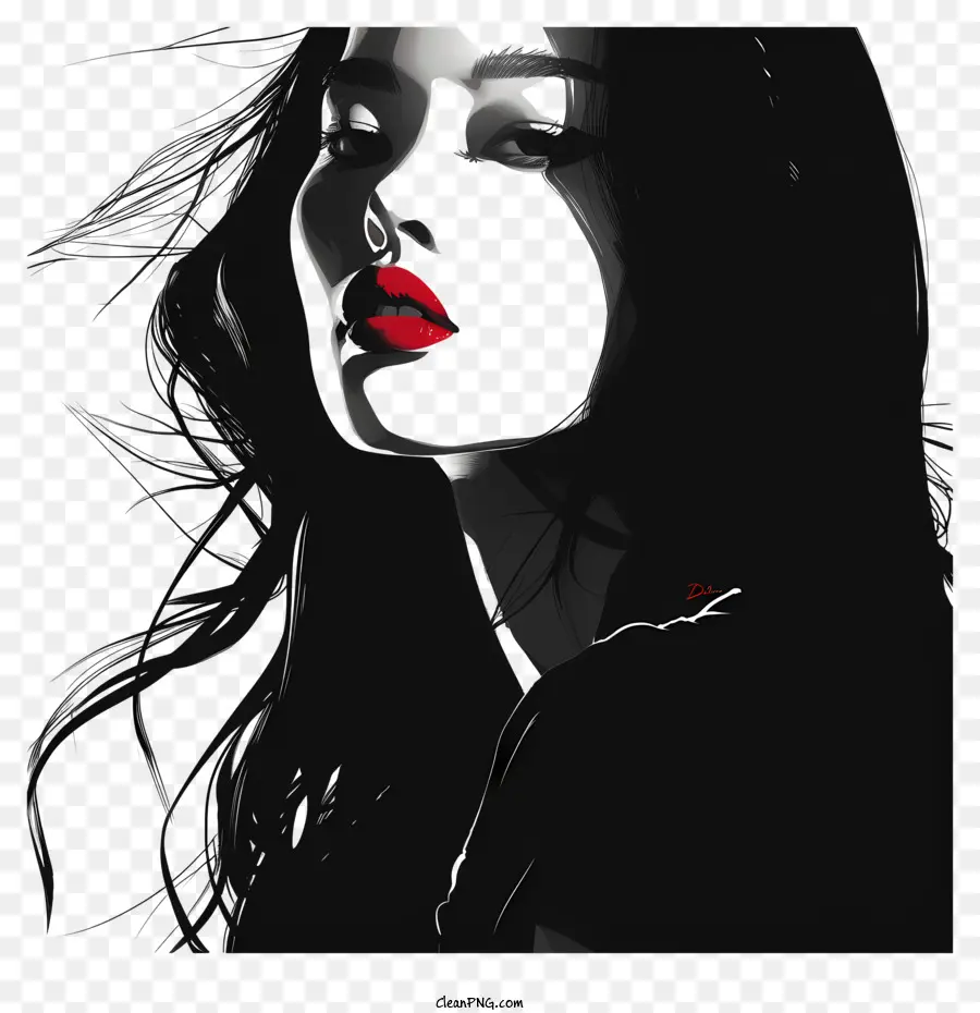 asian woman black and white artwork woman portrait long dark hair red lips
