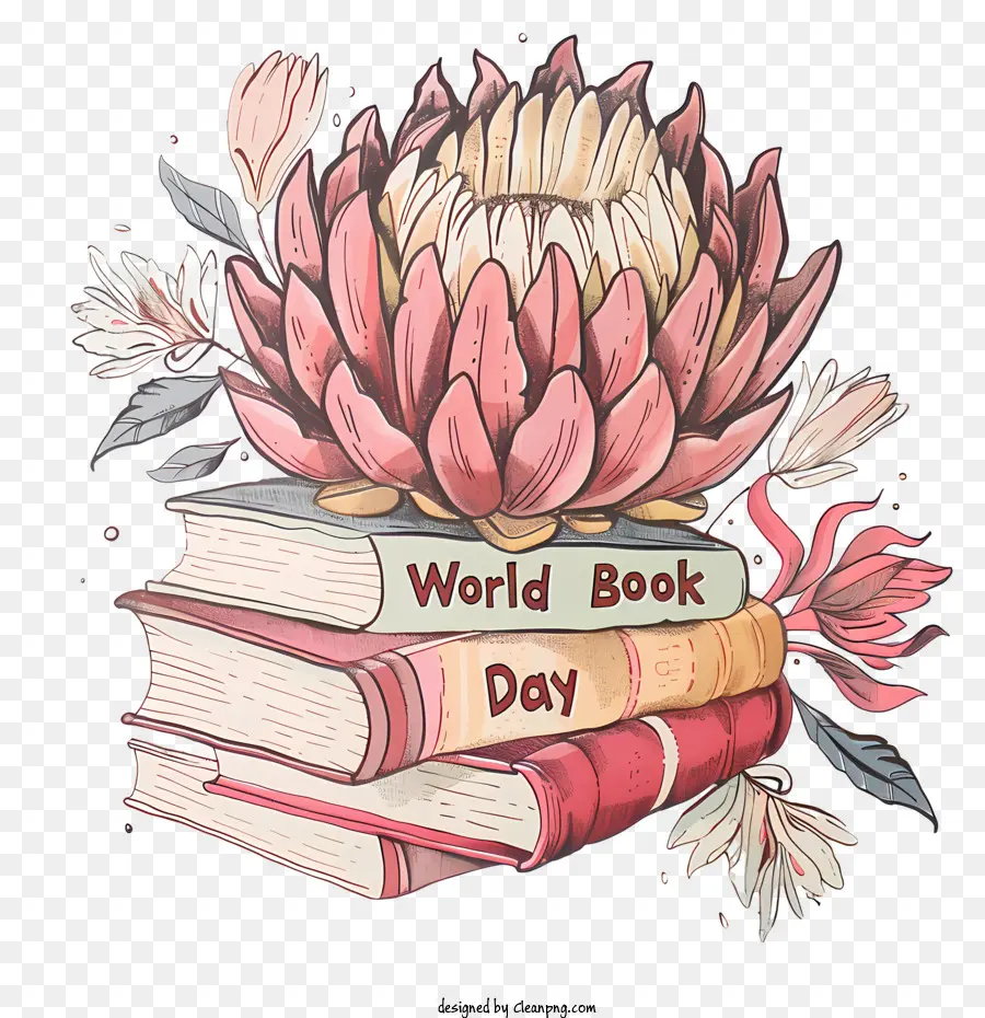 Welttag des Buches - Bücher Bouquet mit rosa Blume, entspannende Atmosphäre