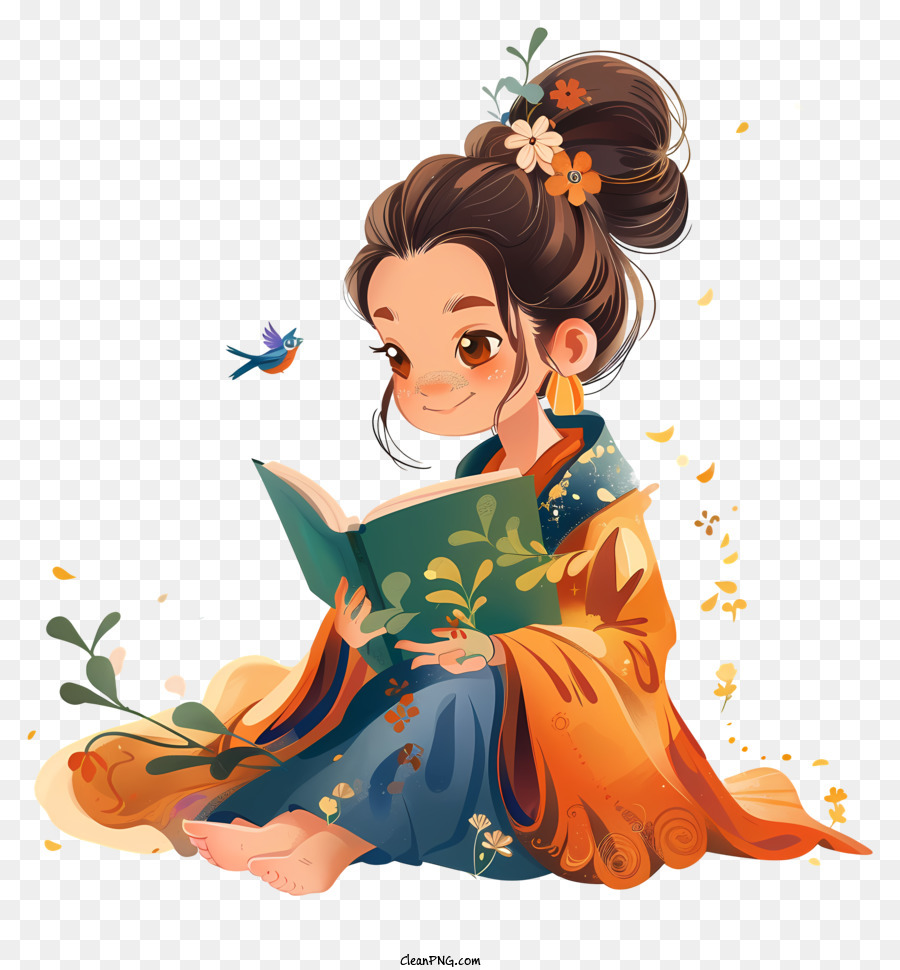 Blätter fallen - Junge Frau im japanischen Outfit Lesebuch