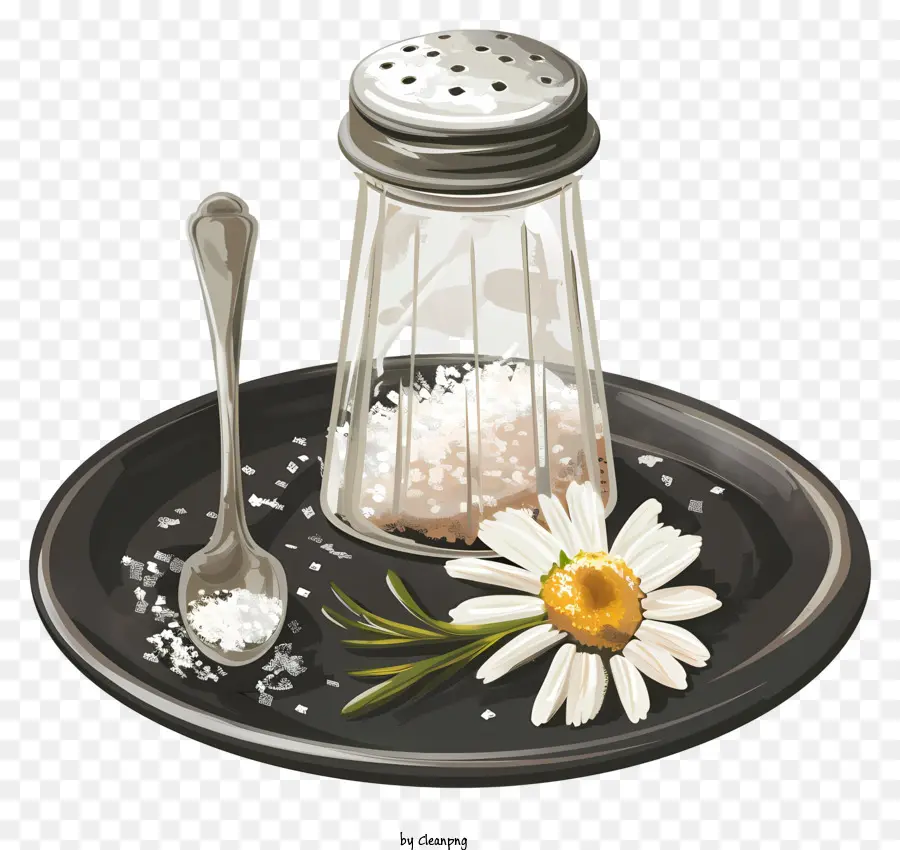Salz Shaker Tisch - Schwarzer Teller mit Silberlöffel, Salzschüttler, Blume