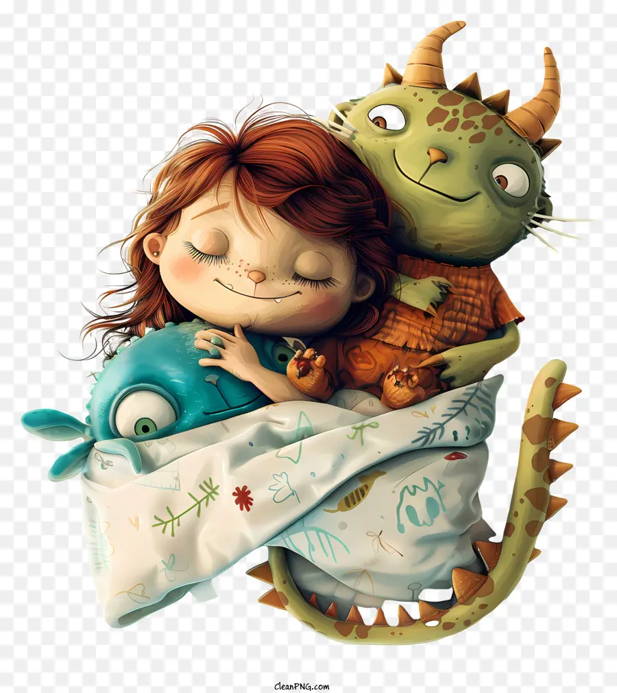 Câu chuyện về thời gian đi ngủ dành cho trẻ em trong ngày phim hoạt hình cô gái quái vật - Cô gái âu yếm quái vật trong túi ngủ hạnh phúc