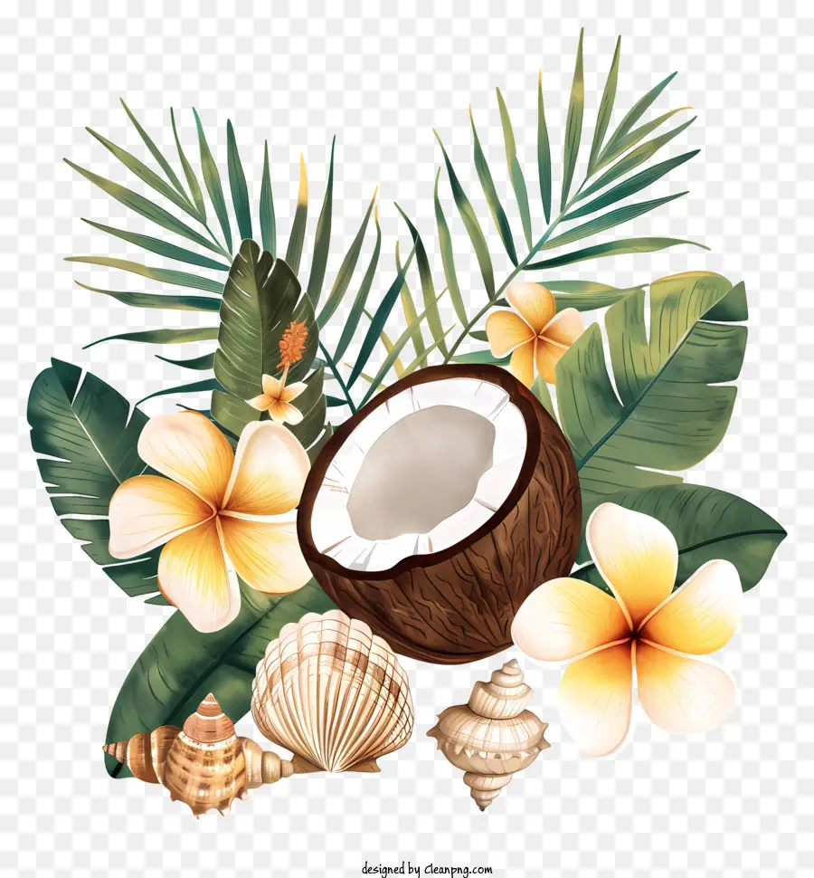 Palmblätter - Tropische Kokosnuss und Muscheln auf schwarzem Hintergrund