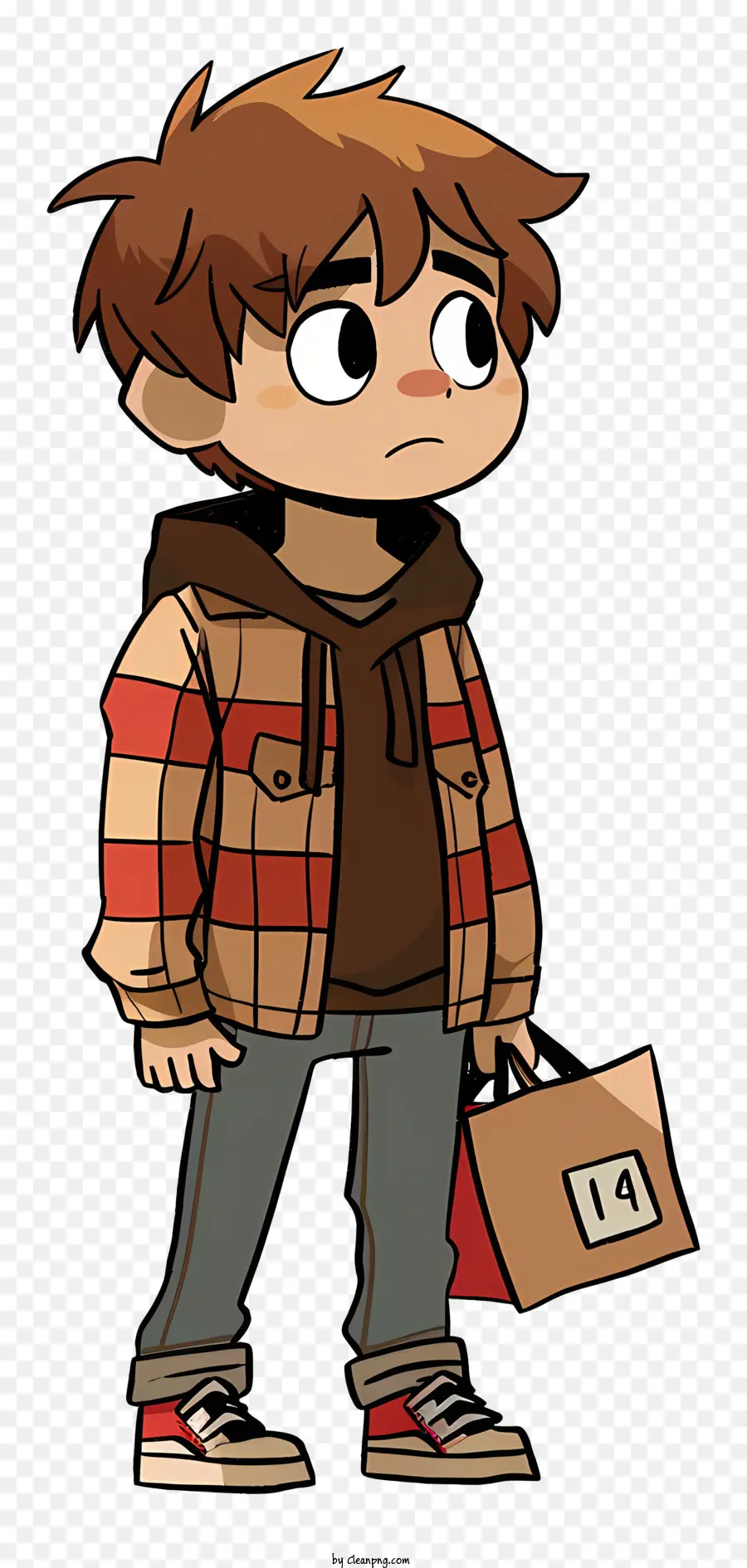 Scott Pilgrim Cartoon Junge braune Jacke rotes Hemd graue Hosen - Cartoon Boy in brauner Jacke mit Kisten