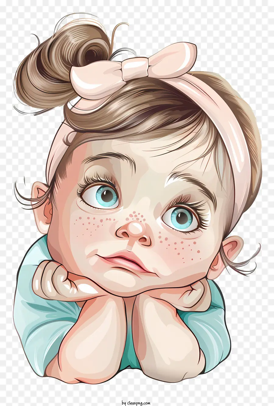 bambina fumettoni ragazza blu occhi lunghi ciglia - Cartoon Girl con fascia rosa, pensando