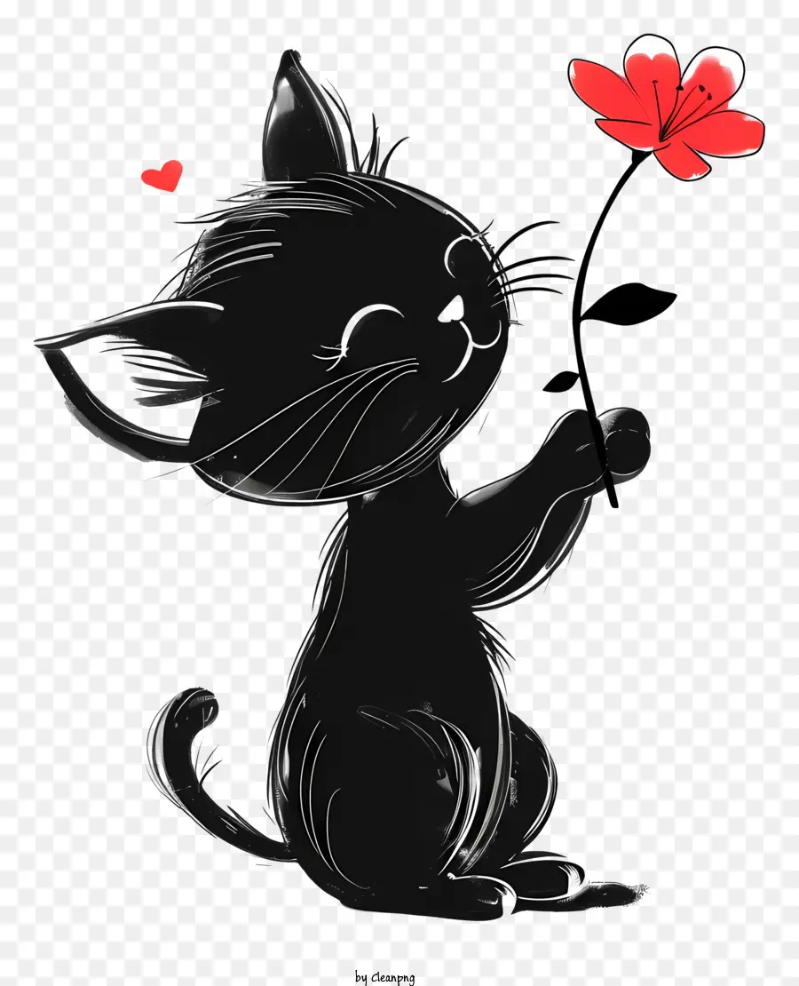 rote Blume - Schwarze Katze mit roter Blume schaut auf
