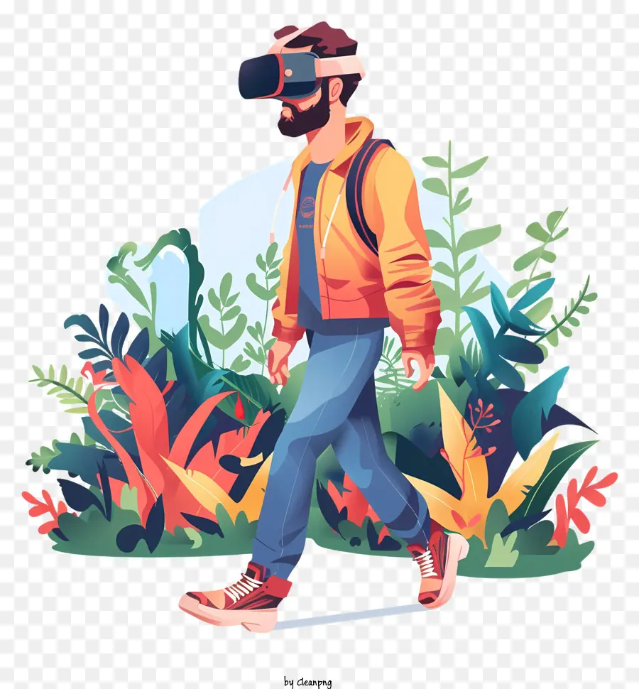 Tragen von VR Headset Virtual Reality Forest Technology Gehen - Mann in der VR -Brille, die im Wald spazieren geht