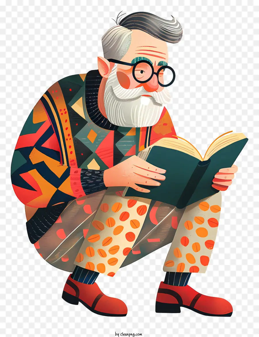 Brille - Älterer Mann, der Buch liest und freudig lächelt
