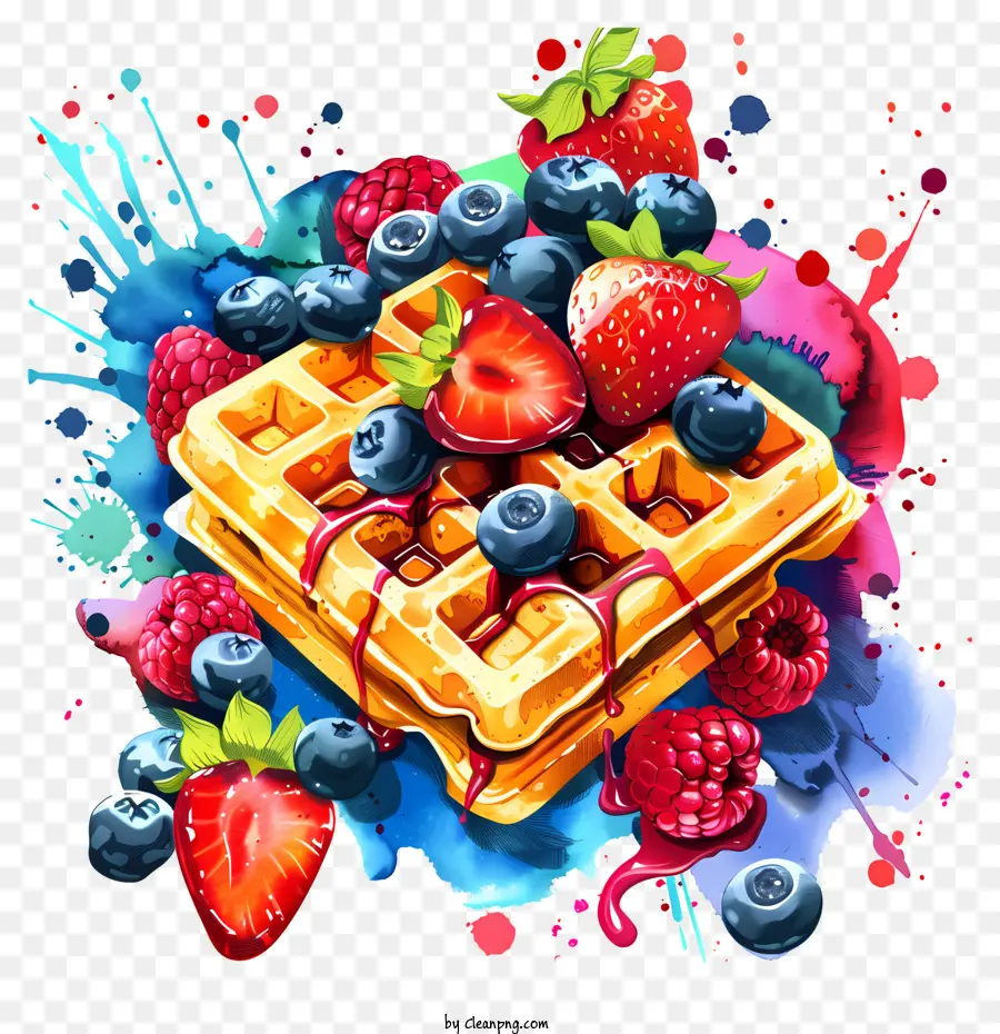 Waffle Day Waffle Strawberries Belberries Breakfast - Waffle colorato con frutta su pittura schizzi