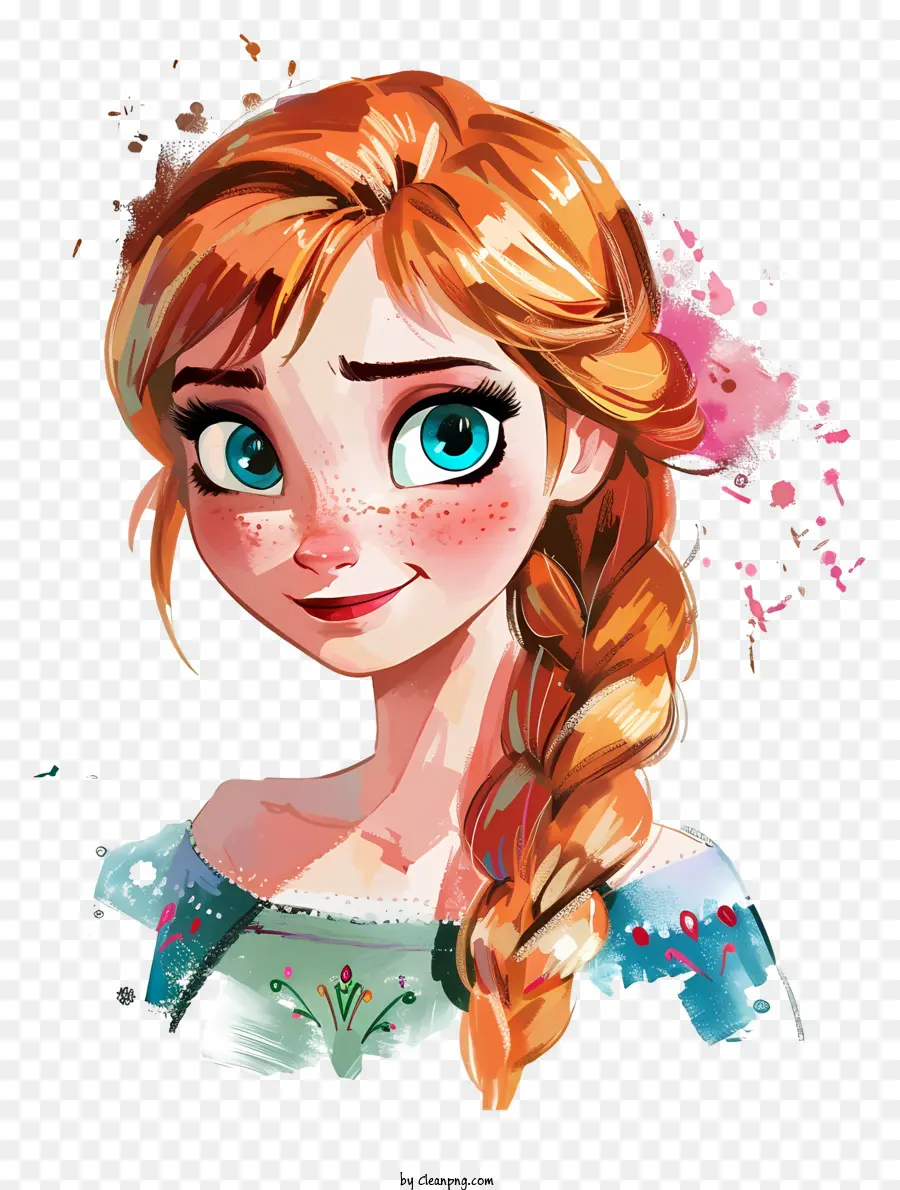 frozen anna princess long brown hair green eyes orange dress blue flowers