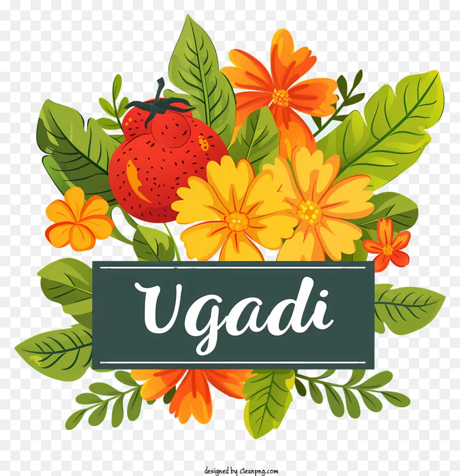 Orange - Ugadi umgeben von lebendigen Blumen und Blättern
