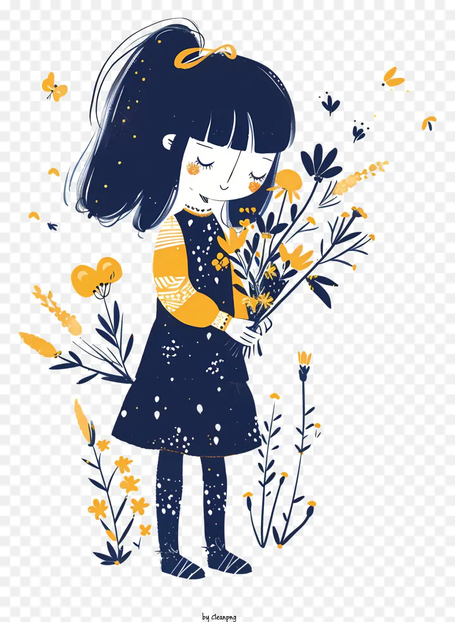 cô gái cầm hoa cô gái trang phục hoa màu xanh - Cô gái trên cánh đồng với hoa, bướm, yên bình