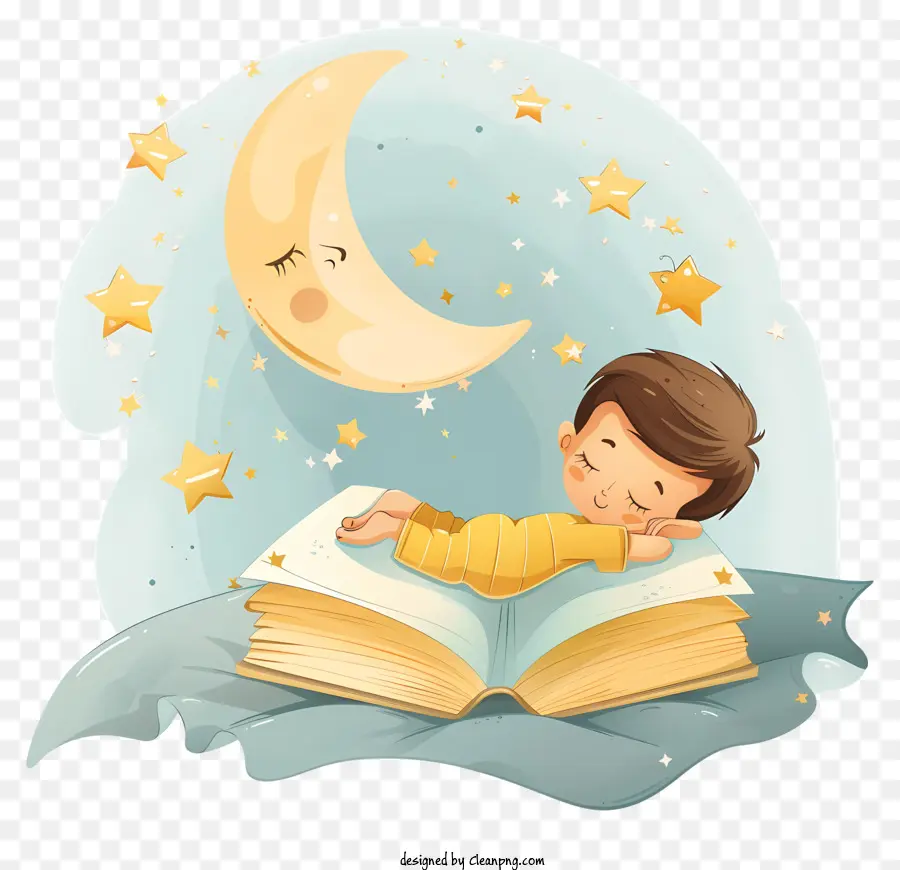 Storie della buonanotte per bambini Libro Day Sleep Sogni infantili - Little Boy che dorme sul libro aperto tra le stelle