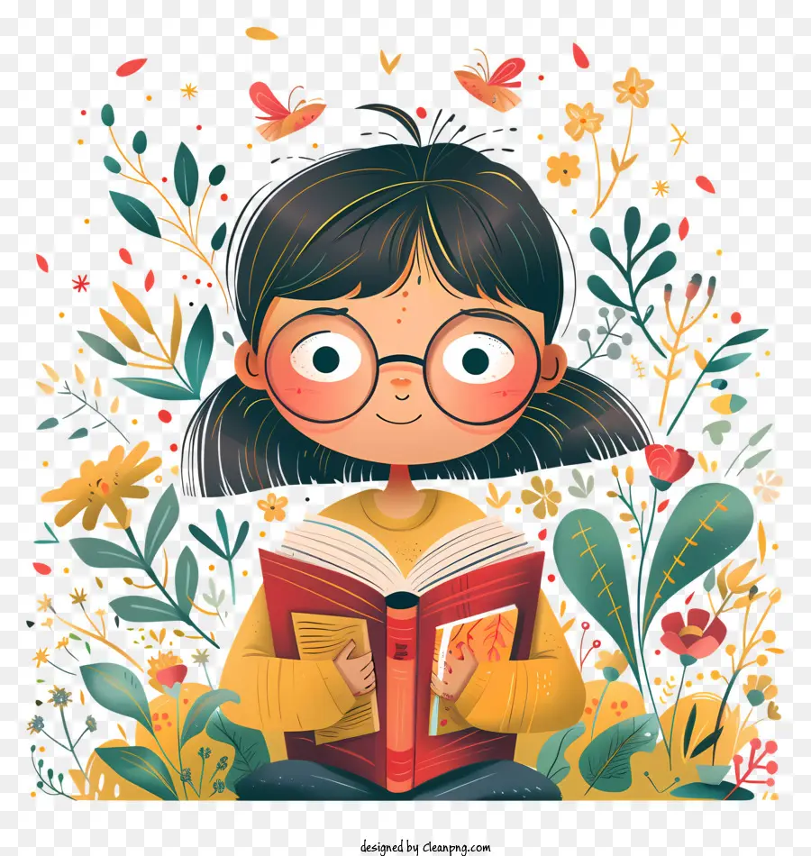 đeo kính - Cô gái đọc sách được bao quanh bởi những bông hoa vui vẻ