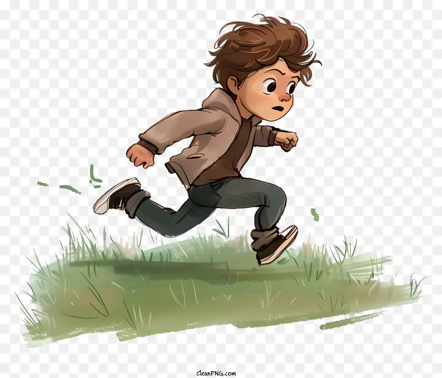 kleiner Junge runzelt Grasjungen langes Haar - Junge, der unter dem blauen Himmel durch Gras rennt
