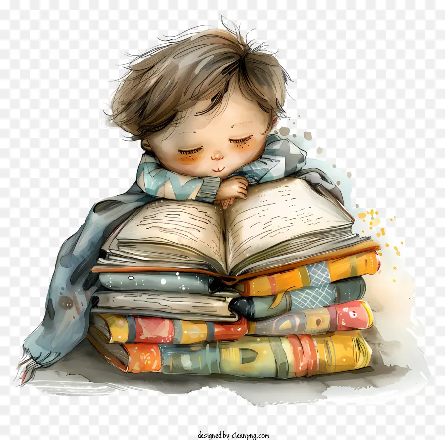 Kinderschlitzgeschichten Buchbücher Kinderbücher lesen - Kind auf Büchern, unter Decke schlafen. 
Friedliche Szene