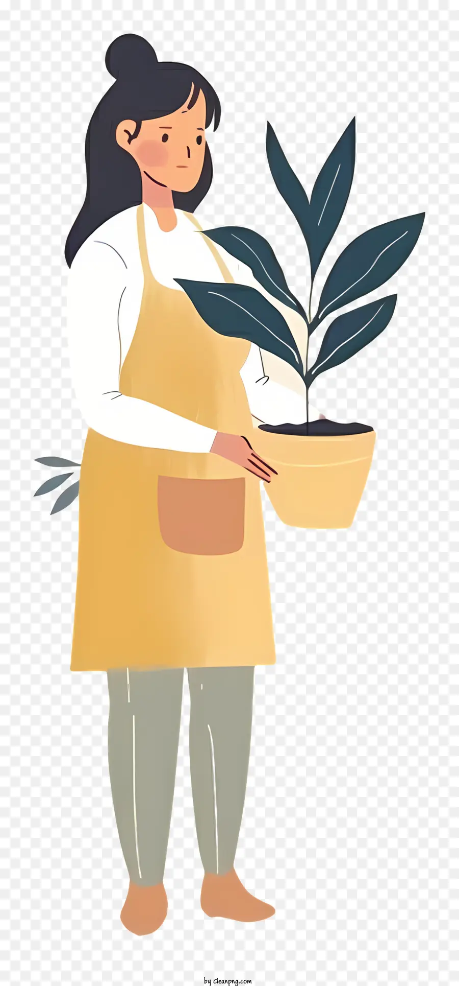 Fiorista che tiene pianta giardinaggio di giardinaggio Care donna felicità - La donna in grembiule tiene felice la pianta fiorente