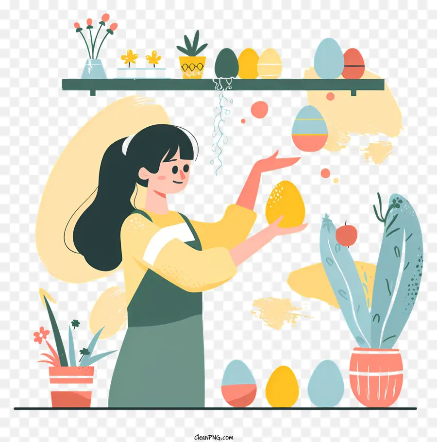 Mädchen, die sich auf Ostergartenpflanzen vorbereiten, Blumen Frau - Junge Frau mit Eiern und Blumen