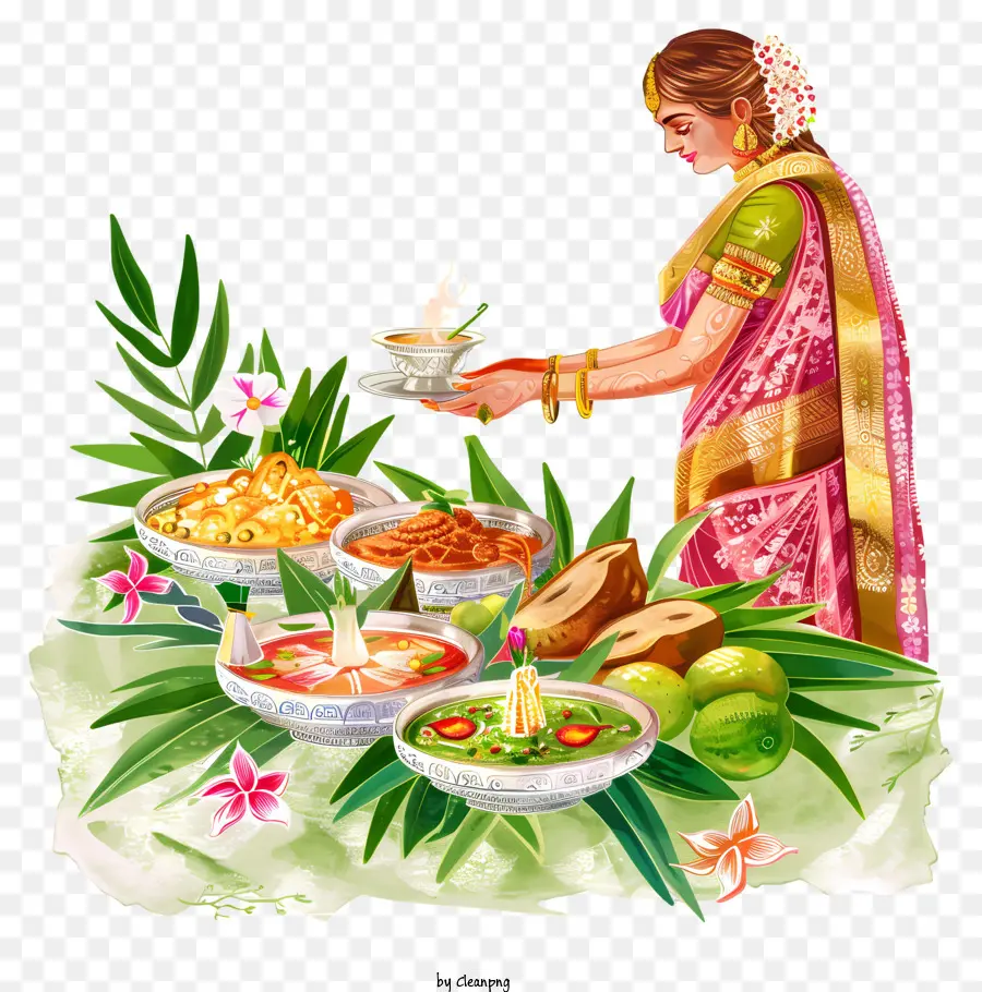 sfondo verde - Donna in sari con ciotole di cibo. 
Caldo, invitante