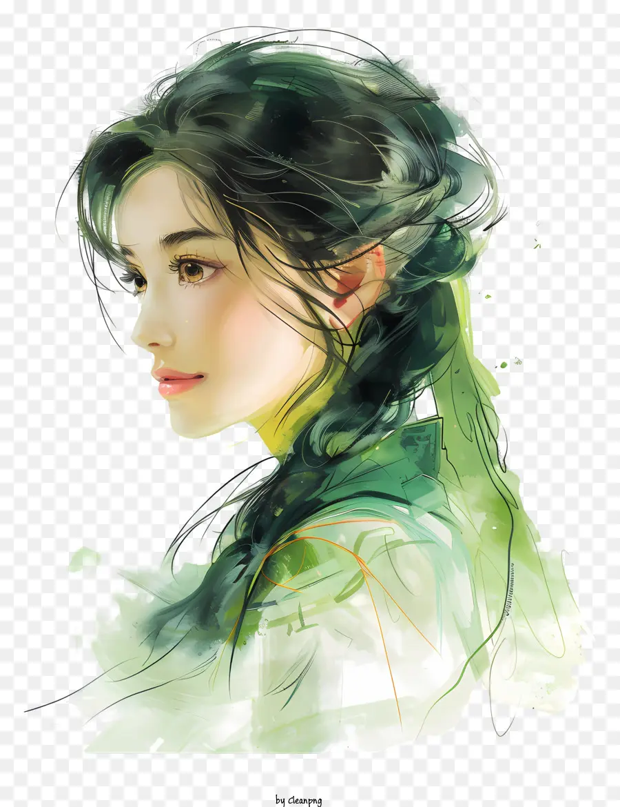 weibliche Frau digitales Gemälde langes schwarzes Haar grünes Oberteil - Frau mit langen schwarzen Haaren im tiefen Gedanken
