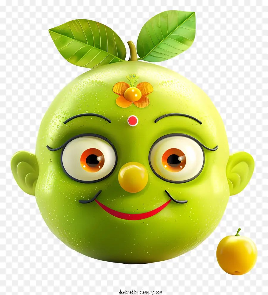Holi - Grüne Cartoon -Charakter hält Apfel, festlicher Auftritt