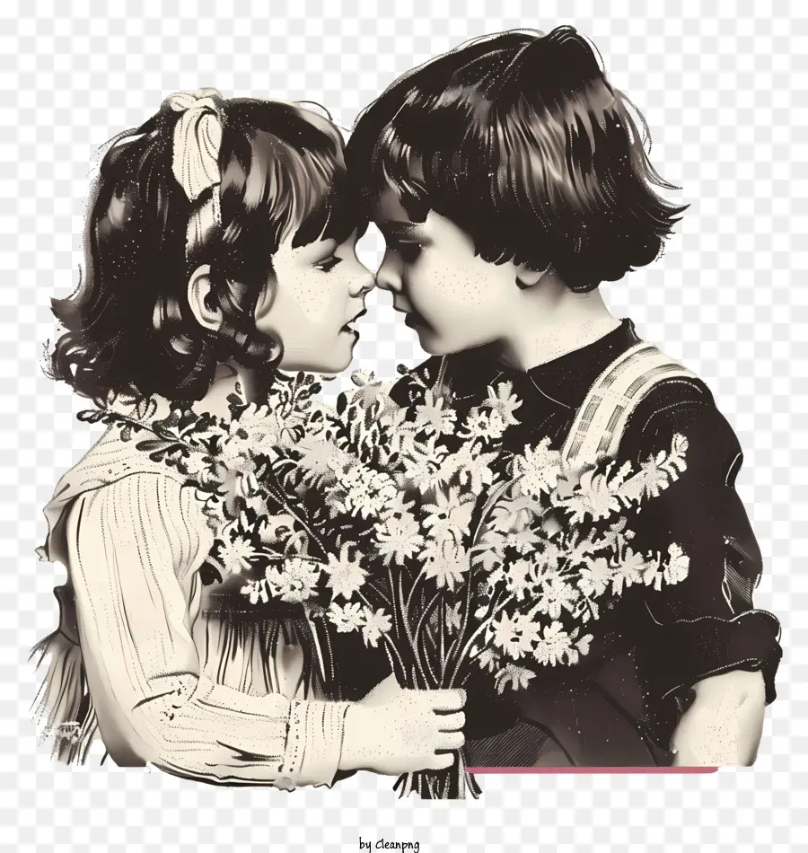 Nationale Geschwister Tag Schwarz -Weiß -Fotografie Kinder Geschwister Blumen Blumen - Kinder umarmen sich, halten Blumen, niedriger Blickwinkelansicht