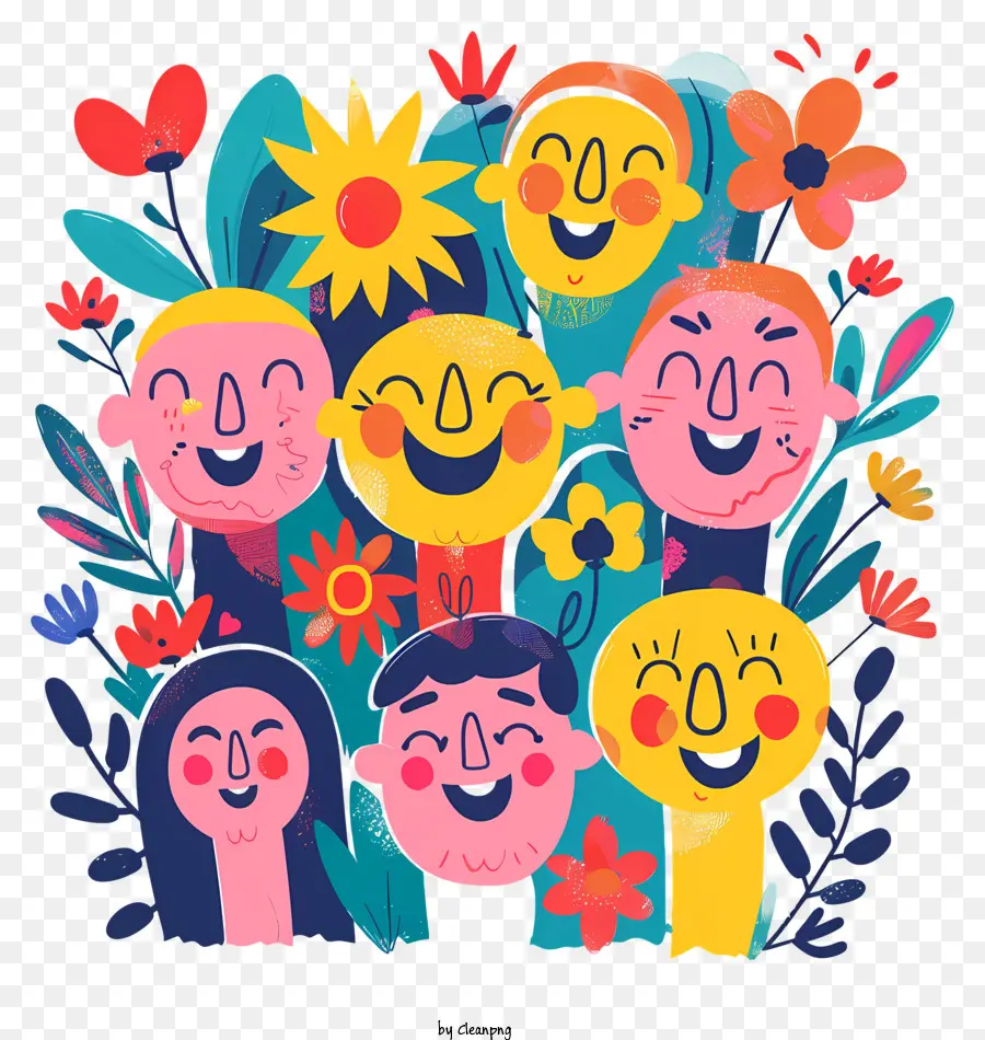 Gruppo persone fiori sorridenti felici - Gruppo felice in campo di fiori, ondata celebrativa