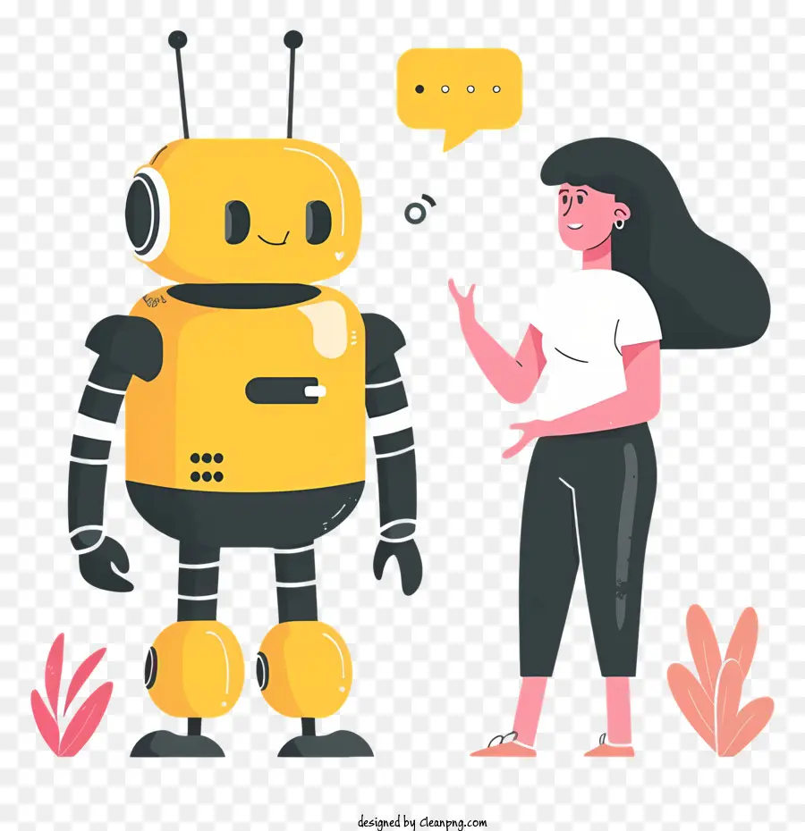 discorso, bolla - Donna con robot giallo, felice e colorata