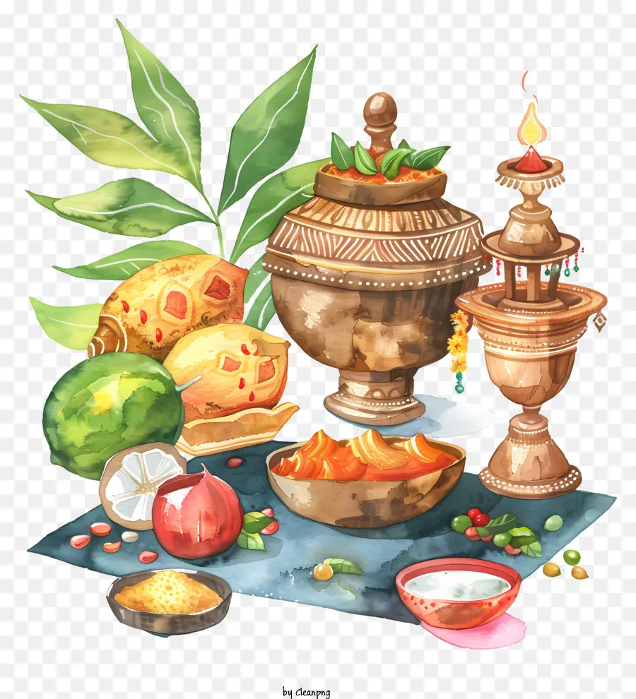 Happy Ugadi Still Life Obst Nüsse Gemüse - Früchte, Nüsse und Pflanzen am Tisch. 
Lebendig