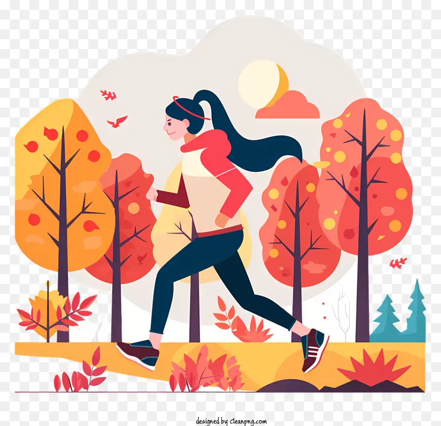 gefallene Blätter - Frau, die durch den Herbstwald mit Blättern rennt