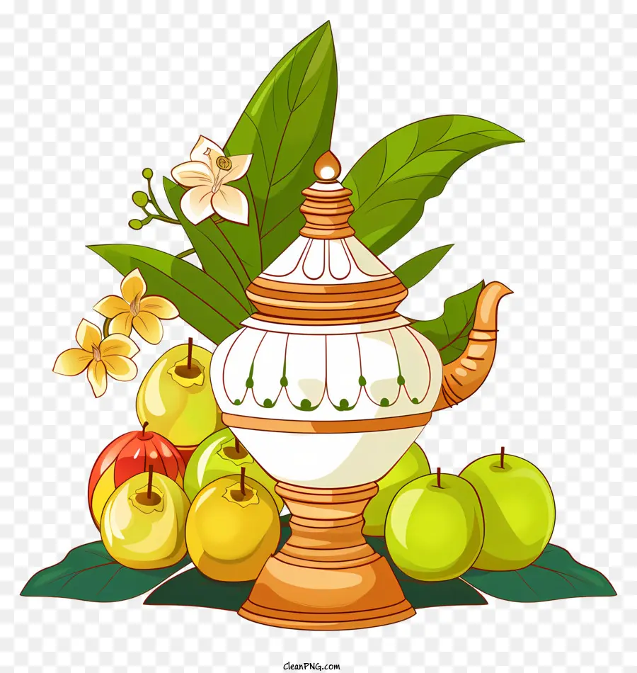 Happy Ugadi Teapot Plant White Pink Flowers - Ấm trà trắng trên cây với trái cây, đệm