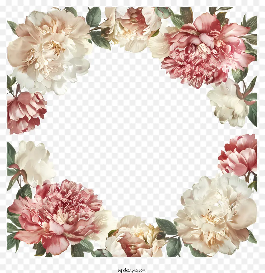 floralen Rahmen - Kreisförmiger Blütenrahmen mit Pfingstrosen, Rosen. 
Schwarzer Hintergrund