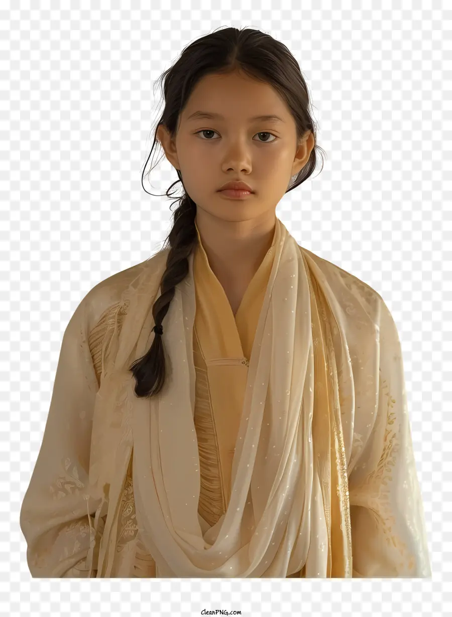 Cô gái Việt Nam cô gái trẻ kimono tóc dài thanh lịch - Cô gái trẻ trong kimono trắng với biểu hiện nghiêm túc