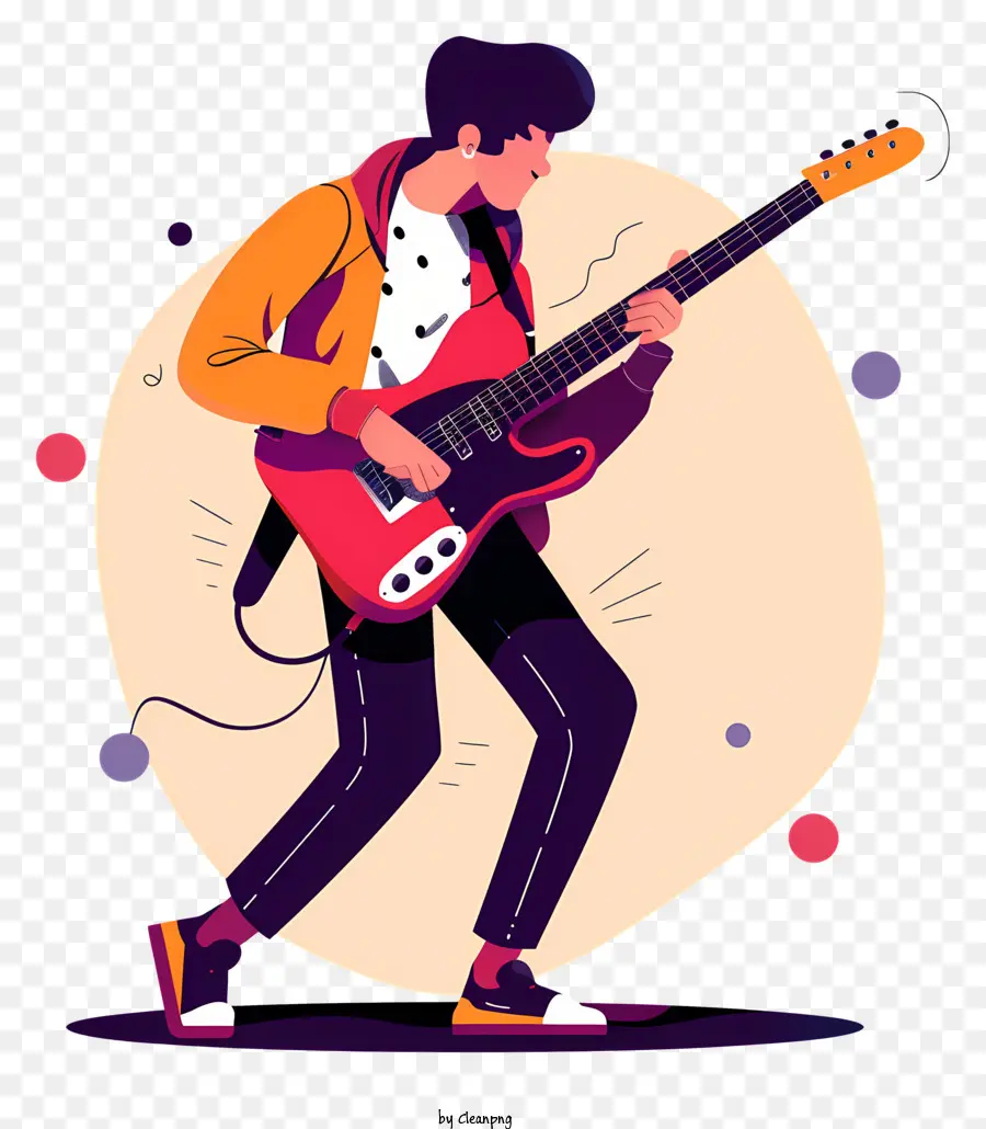 sfondo bianco - Cartoon Man che suona la chitarra rossa in giacca arancione