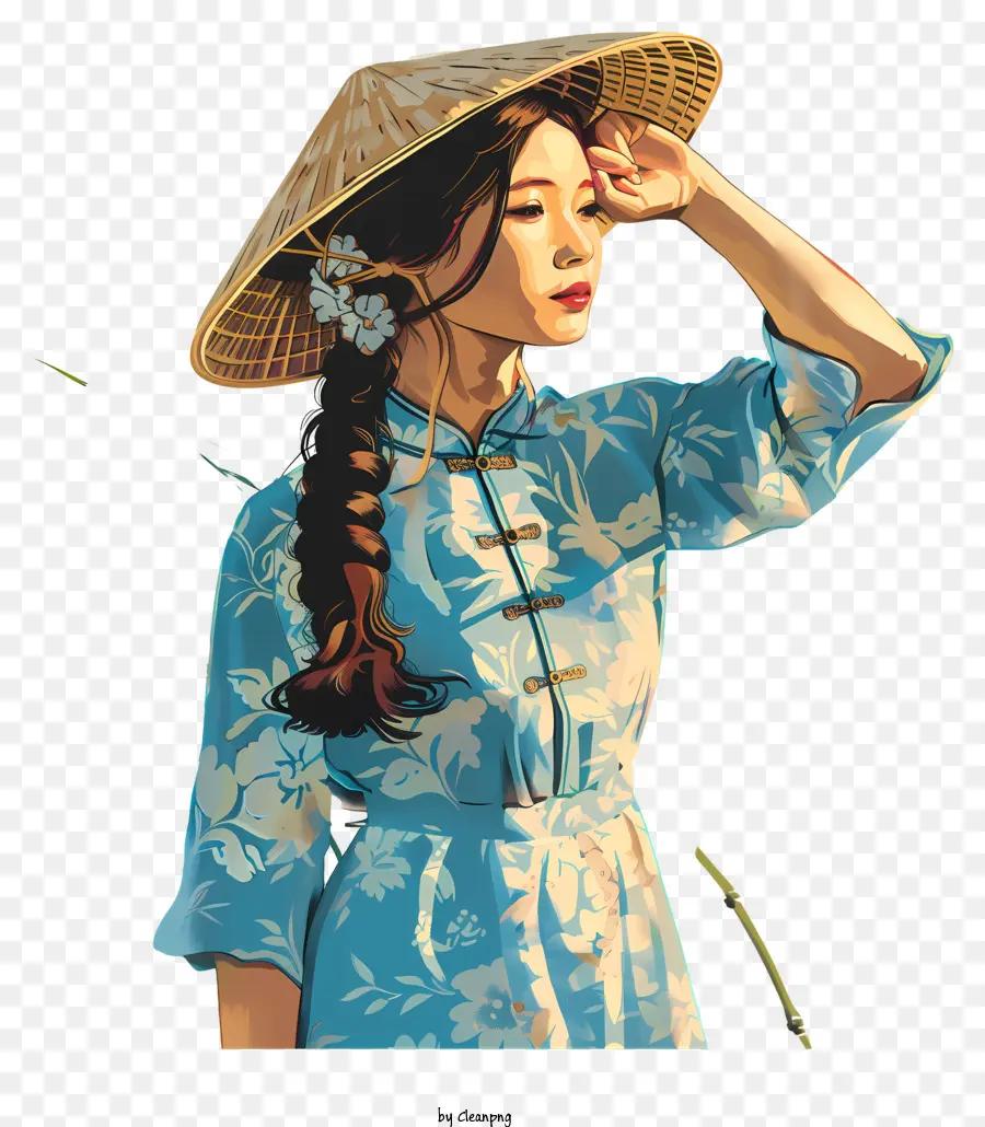 Sommertag - Junge Frau in blauem Kleid und Hut