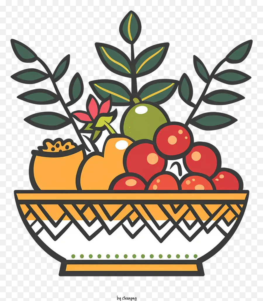 Happy Ugadi Ornate Bowl Fruits cam - Hình minh họa bát trái cây đen và trắng phong phú