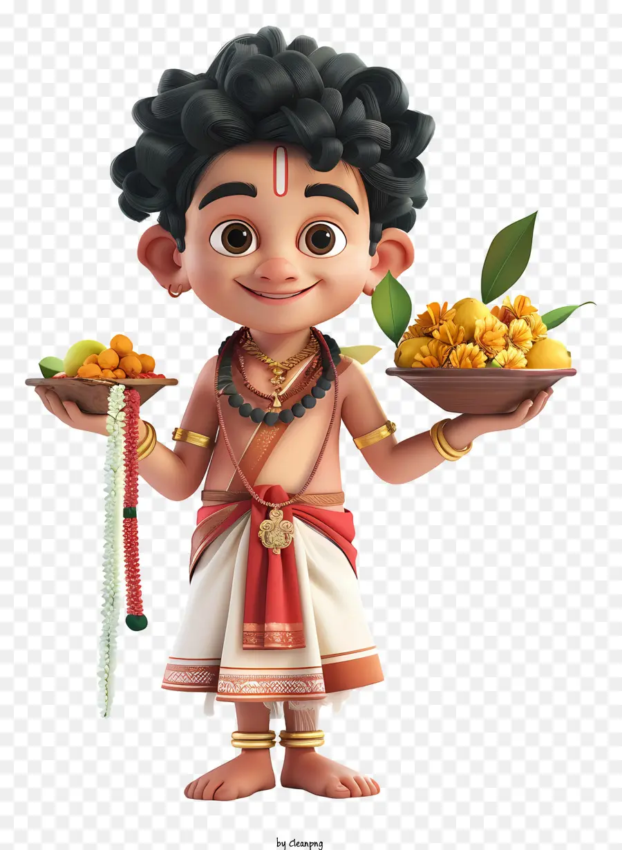 Happy Ugadi Ấn Độ Ẩm thực Quần áo truyền thống Quần áo và Rau hoa - Cậu bé cầm thức ăn và hoa ở Ấn Độ