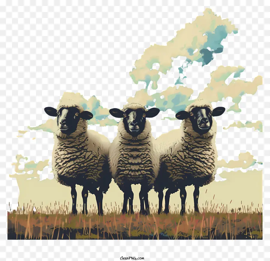 Tre cappotti di lana da campo della fattoria di pecore di pecore - Tre pecore in campo, cielo con nuvole