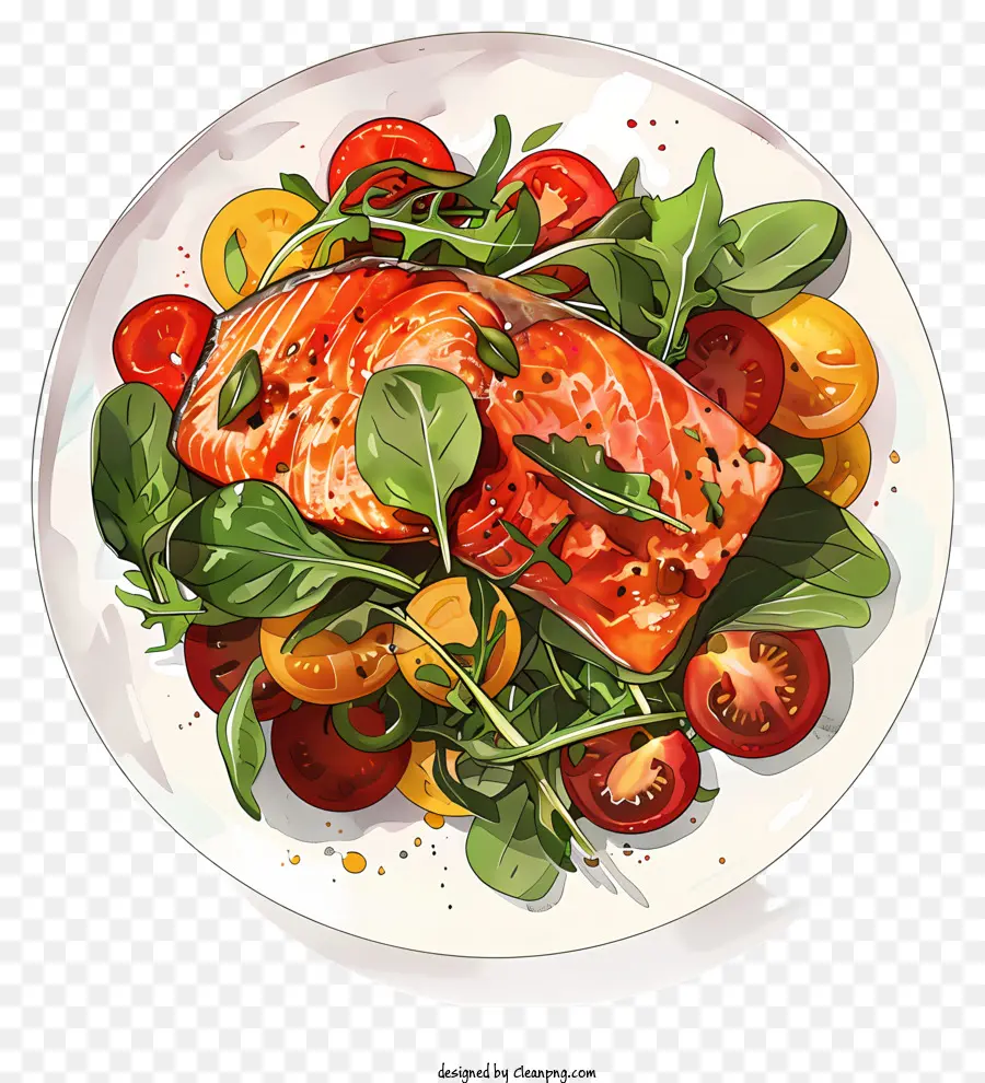Cà chua salad salmon cà chua màu nước rau bina - Bức tranh màu nước của cá hồi, cà chua, đĩa rau bina