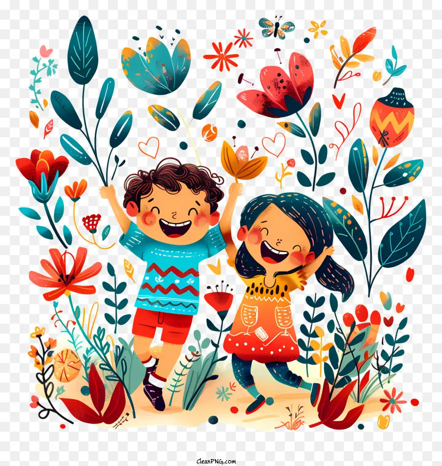 holding mani - Bambini felici che giocano in un campo floreale colorato