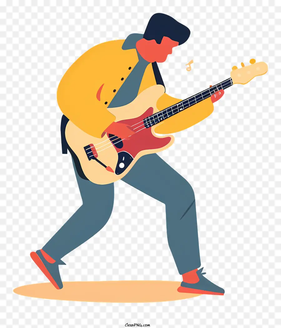 Musicista che suona la giacca per chitarra per bassi di bassia di chitarra - Cartoon Man in giacca gialla suona la chitarra
