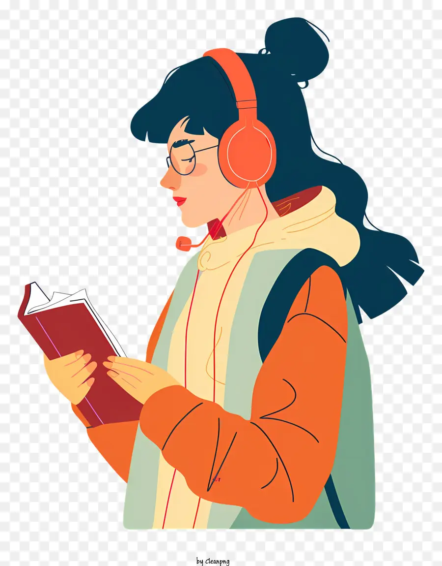 woman listening audiobook headphones book woman outfit