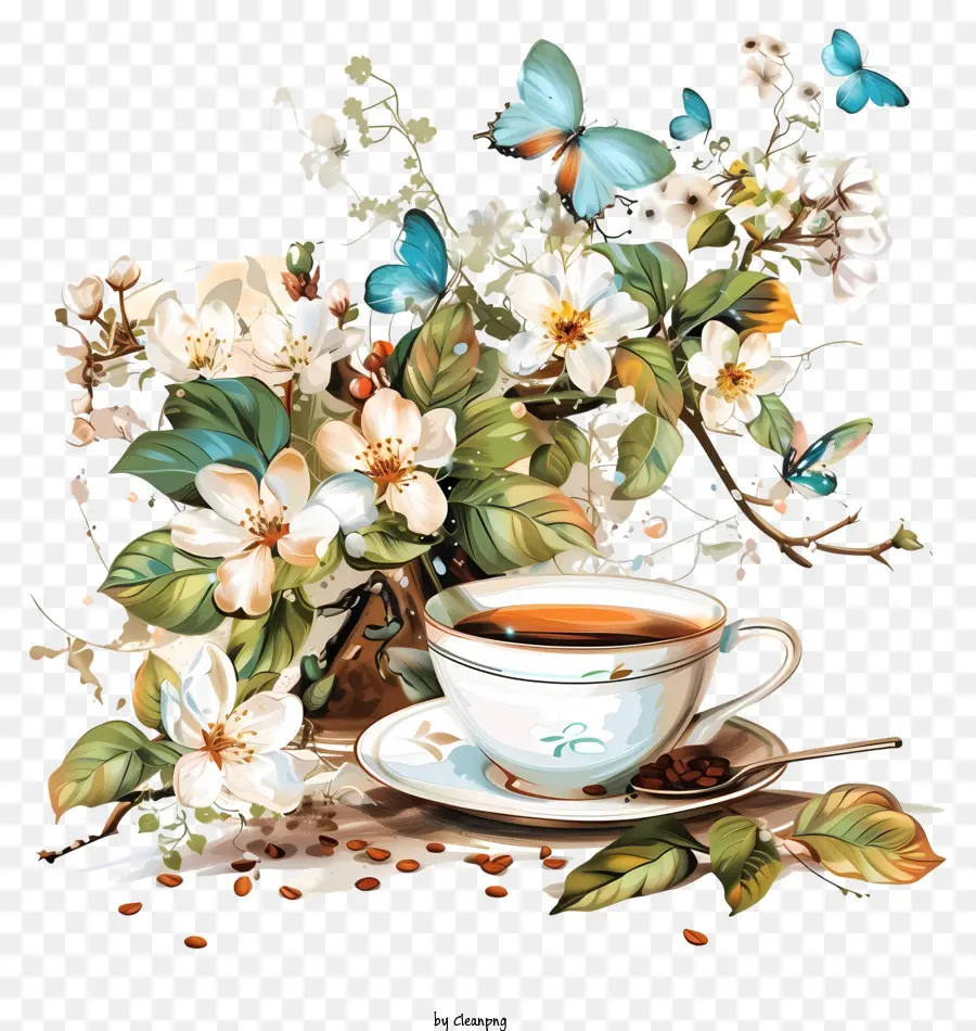 Kaffee - Ruhige Kaffeeszene mit weißen Blumen
