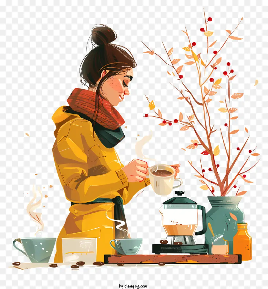 cà phê - Người phụ nữ với cà phê gần cây, táo, bụi