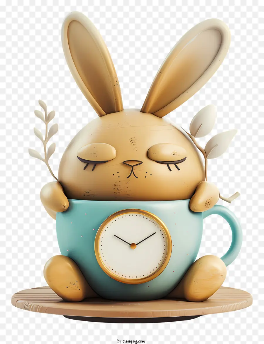 Frühlingskaffezeit Blumen Hasenstatue Uhr Tasse - Hasenuhrstatue in goldener Tasse mit Griff