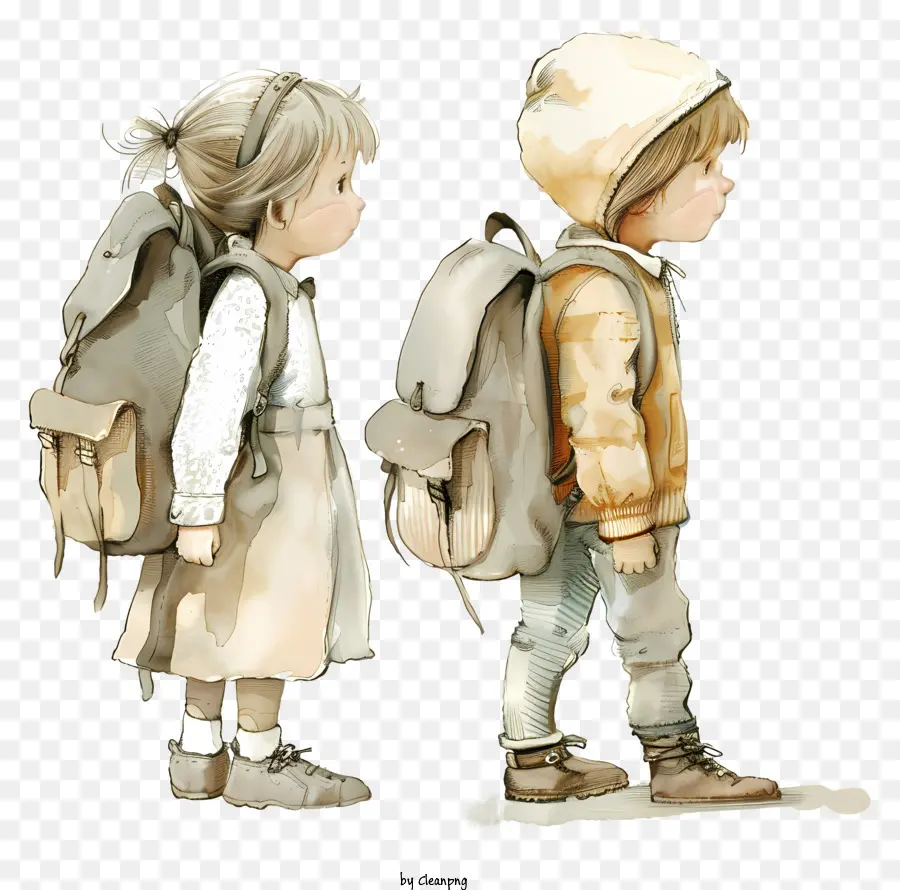 students with backpack watercolor painting young boy young girl backpacks