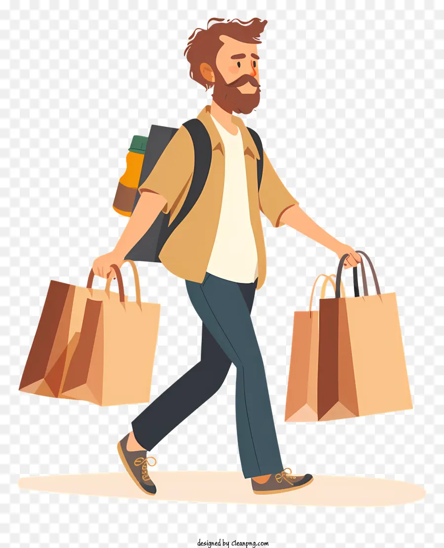 Mann mit Papiertüten junger Mann Bart Rucksack Einkaufstaschen - Junger Mann mit Rucksack und Einkaufstaschen lächeln
