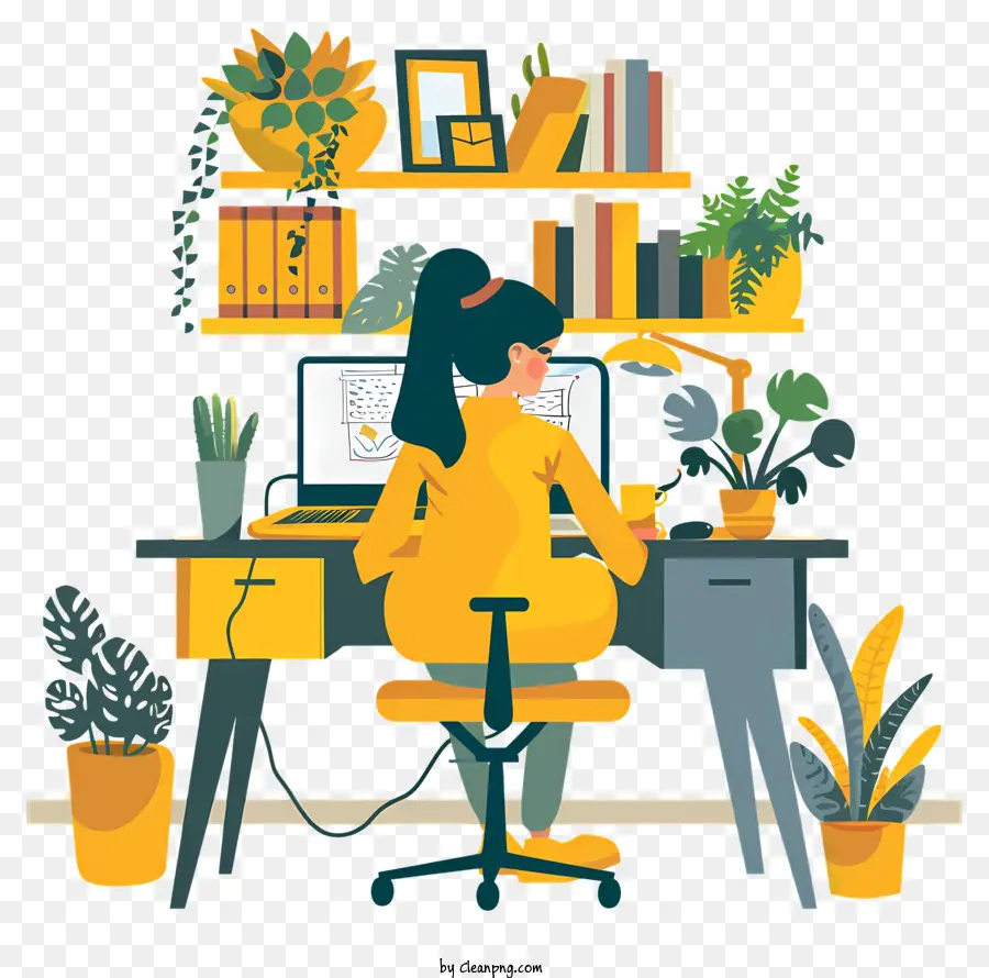 Ragazza che lavora presso Home Office Home Office Lavora dall'organizzazione dell'ufficio di configurazione della scrivania della casa - Donna alla scrivania ingombra in un ufficio accogliente