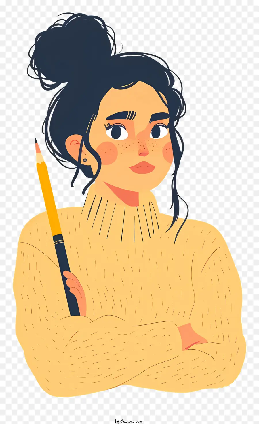 woman with pencil beige sweater pencil neutral facial expression black hair
