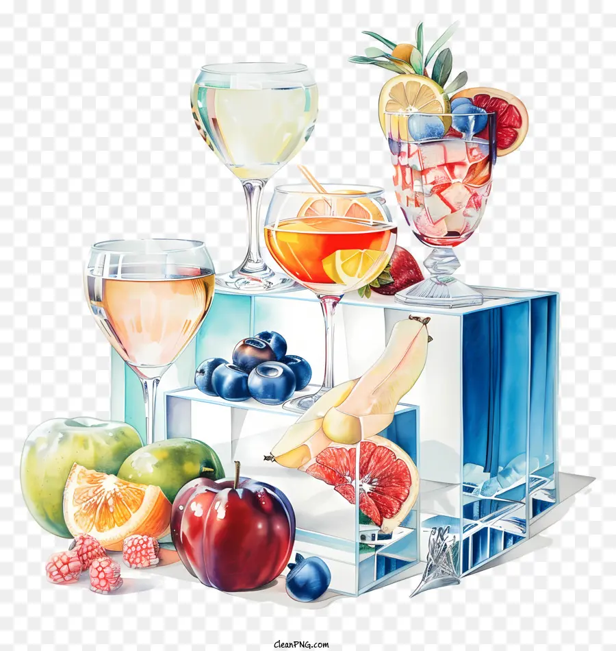 world party day still life painting fruits drinks glass ice block