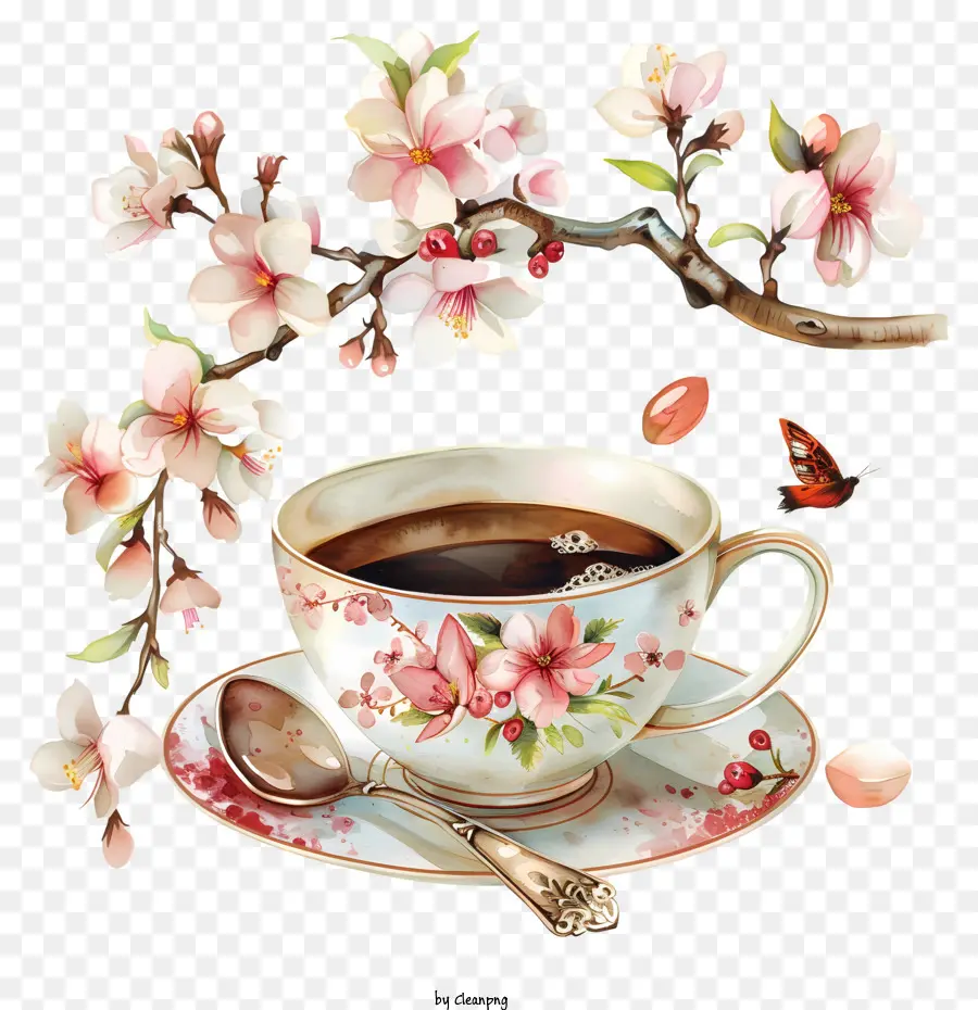 fiore di ciliegio - Tazza di caffè vuota sotto il fiore di ciliegia